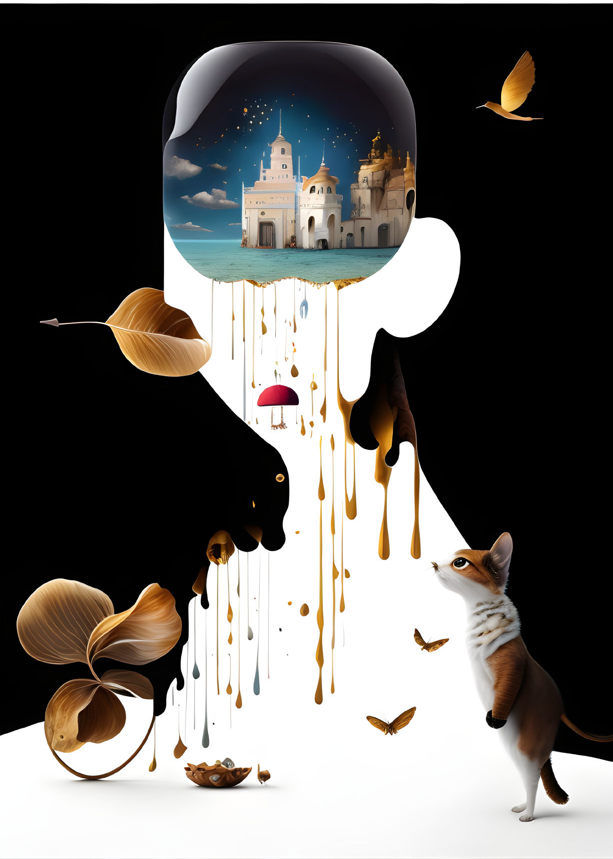 Fantastical dog silhouette with castle, butterflies, gold elements, leaves