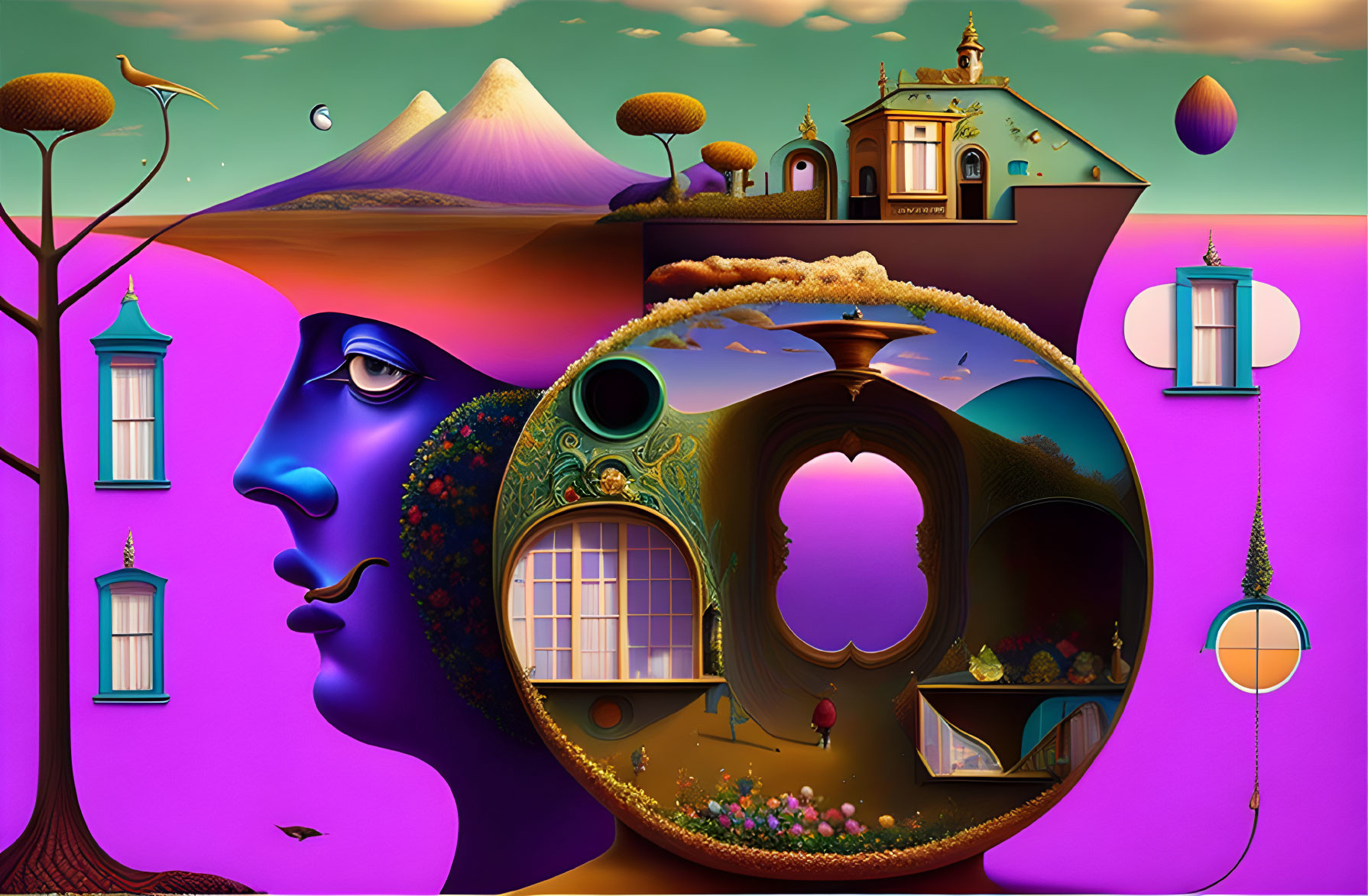 Vibrant surreal landscape with human profiles and architectural elements