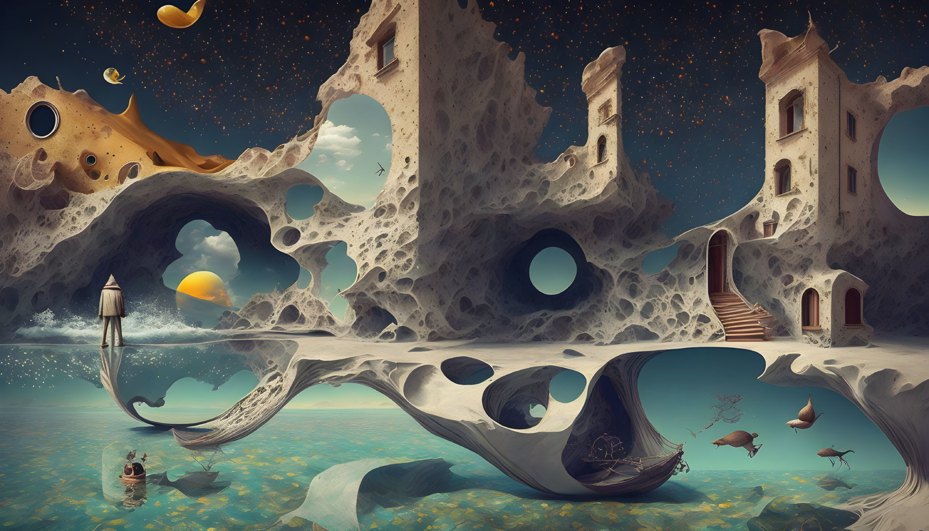 Surreal landscape with floating islands, archaic structures, man on boat under starry sky