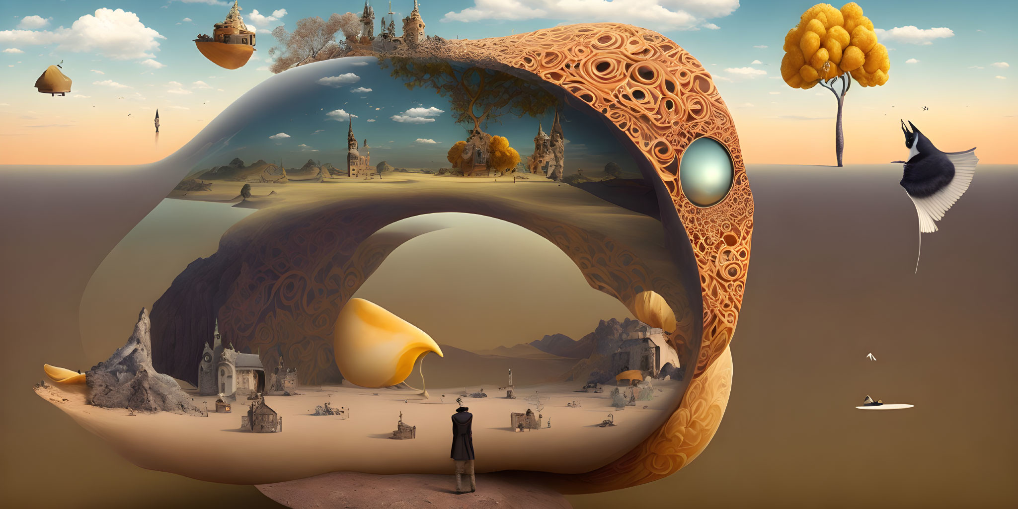 Surreal landscape with eye-shaped structure, floating islands, person, whimsical details