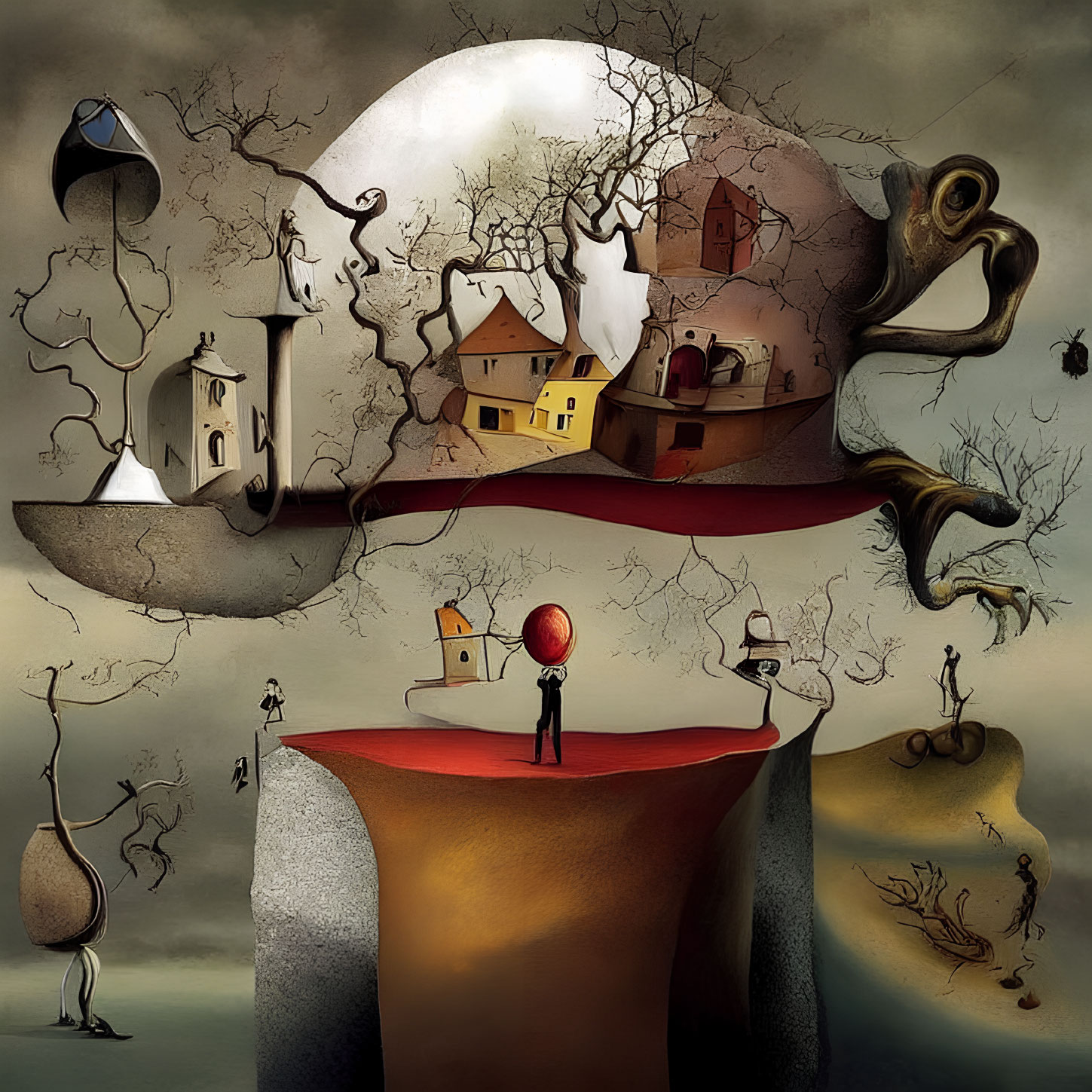 Surreal landscape featuring central figure with red balloon among dreamlike elements