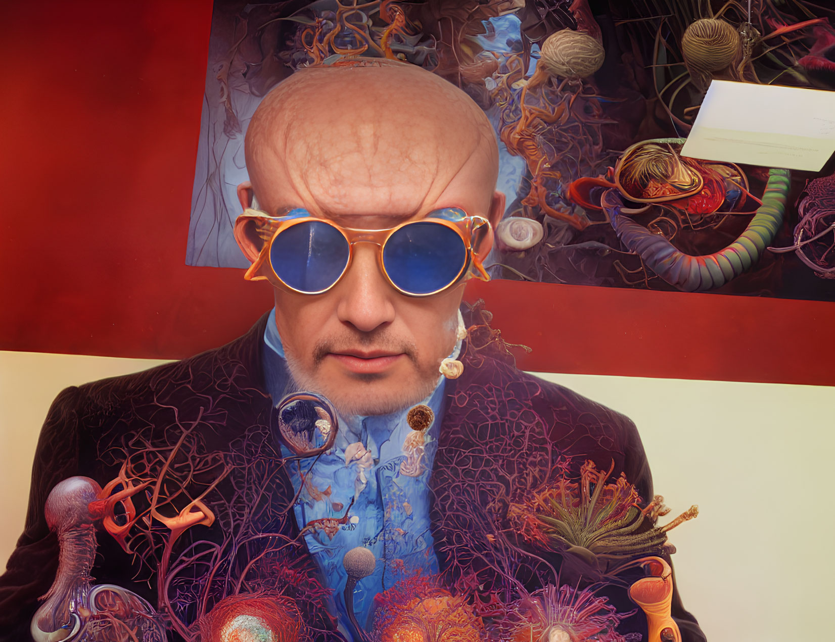 Surreal portrait of bald person with blue sunglasses and intricate, fantastical imagery