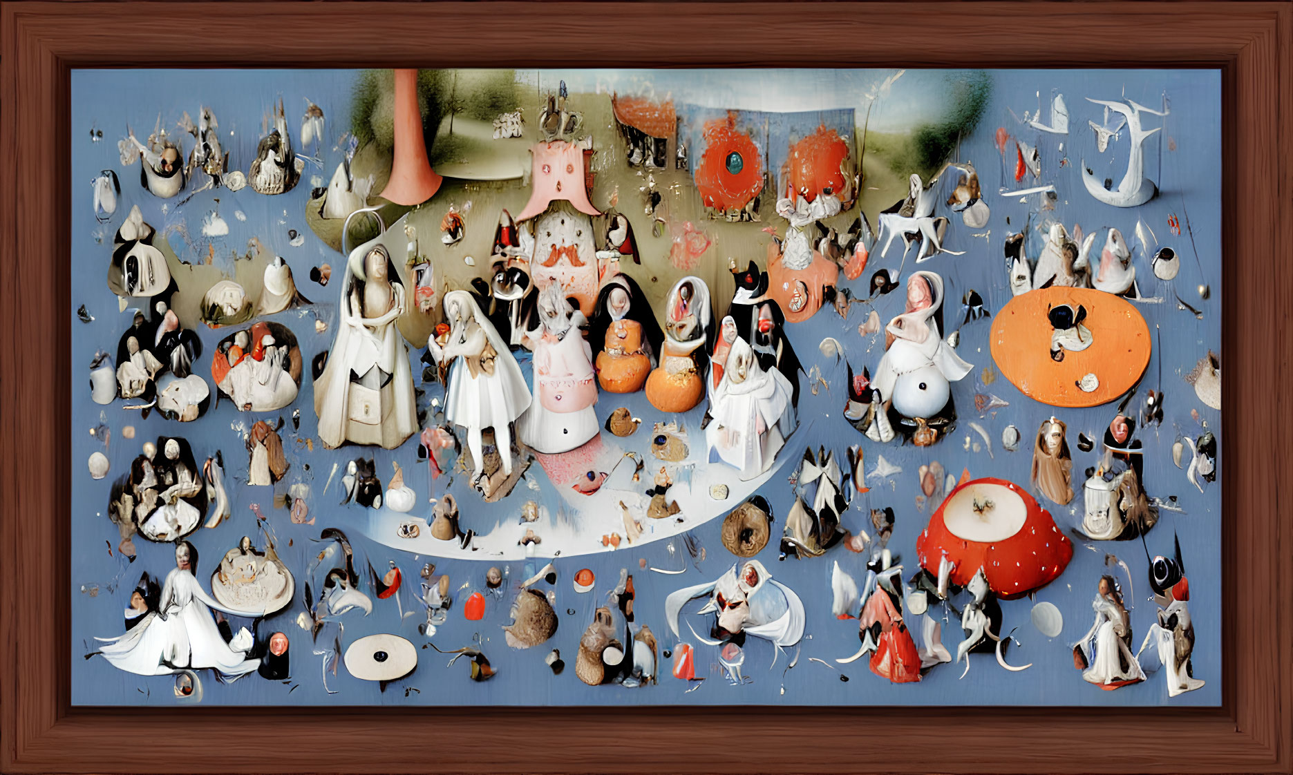 Detailed whimsical painting with surreal scenes and fantastical characters in brown frame