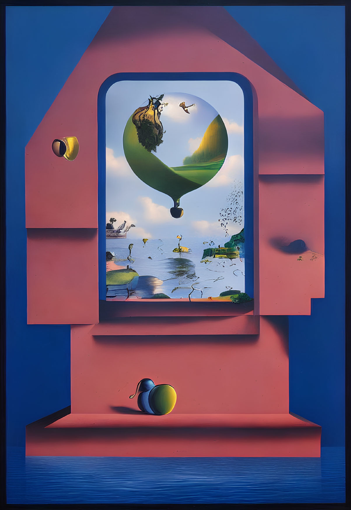 Surreal Artwork: Arch-shaped window, floating islands, cow, and balls on blue background
