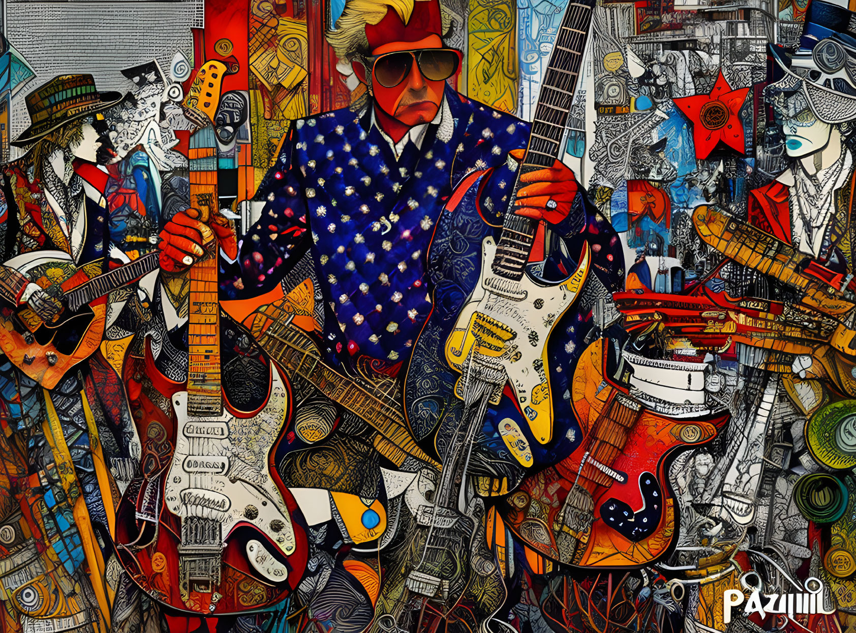Vibrant artwork with central figure in sunglasses and star-patterned outfit holding guitars
