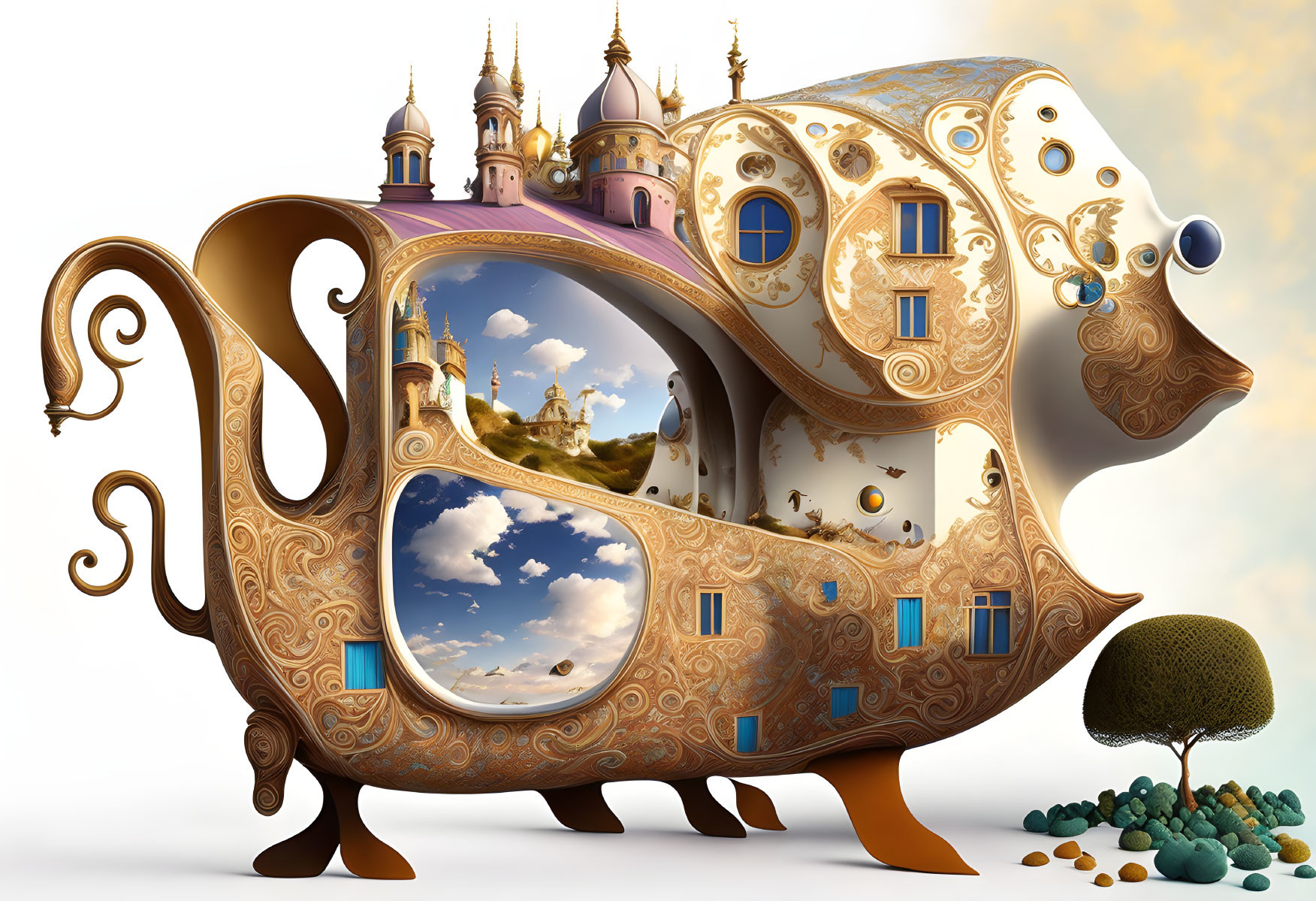 Teapot-shaped building with ornate patterns and whimsical landscapes