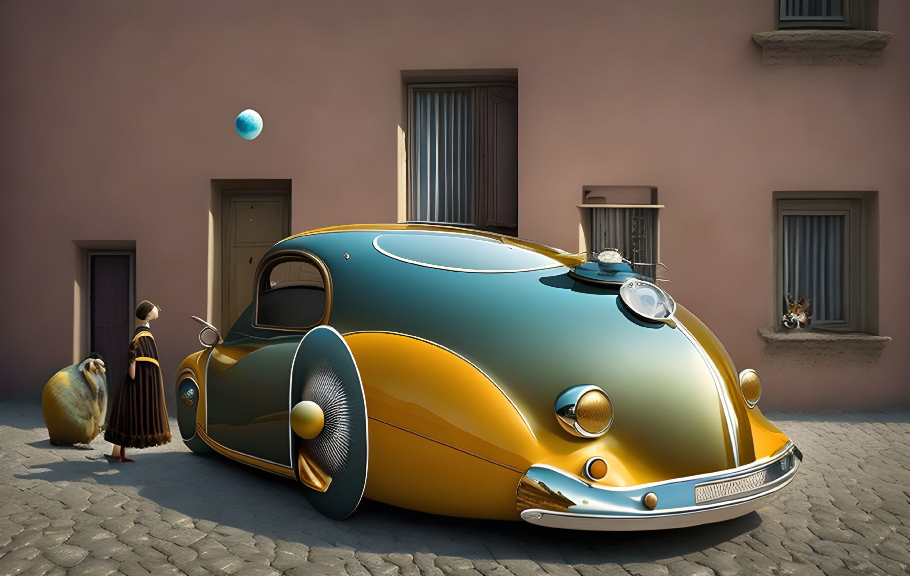 Surreal image: Oversized snail shell car, vintage woman, small bear, blue orb