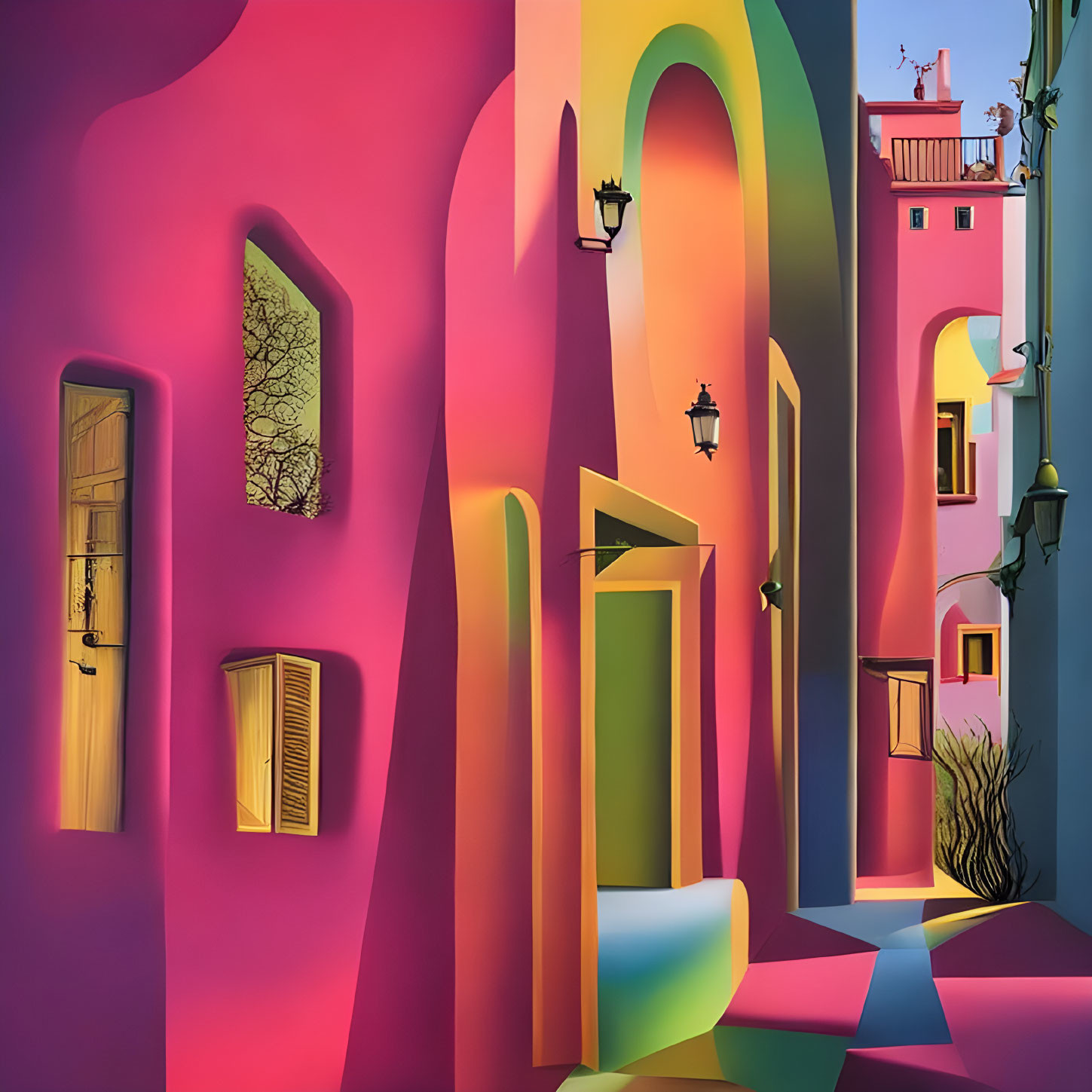Colorful surreal street illustration with stylized architecture.