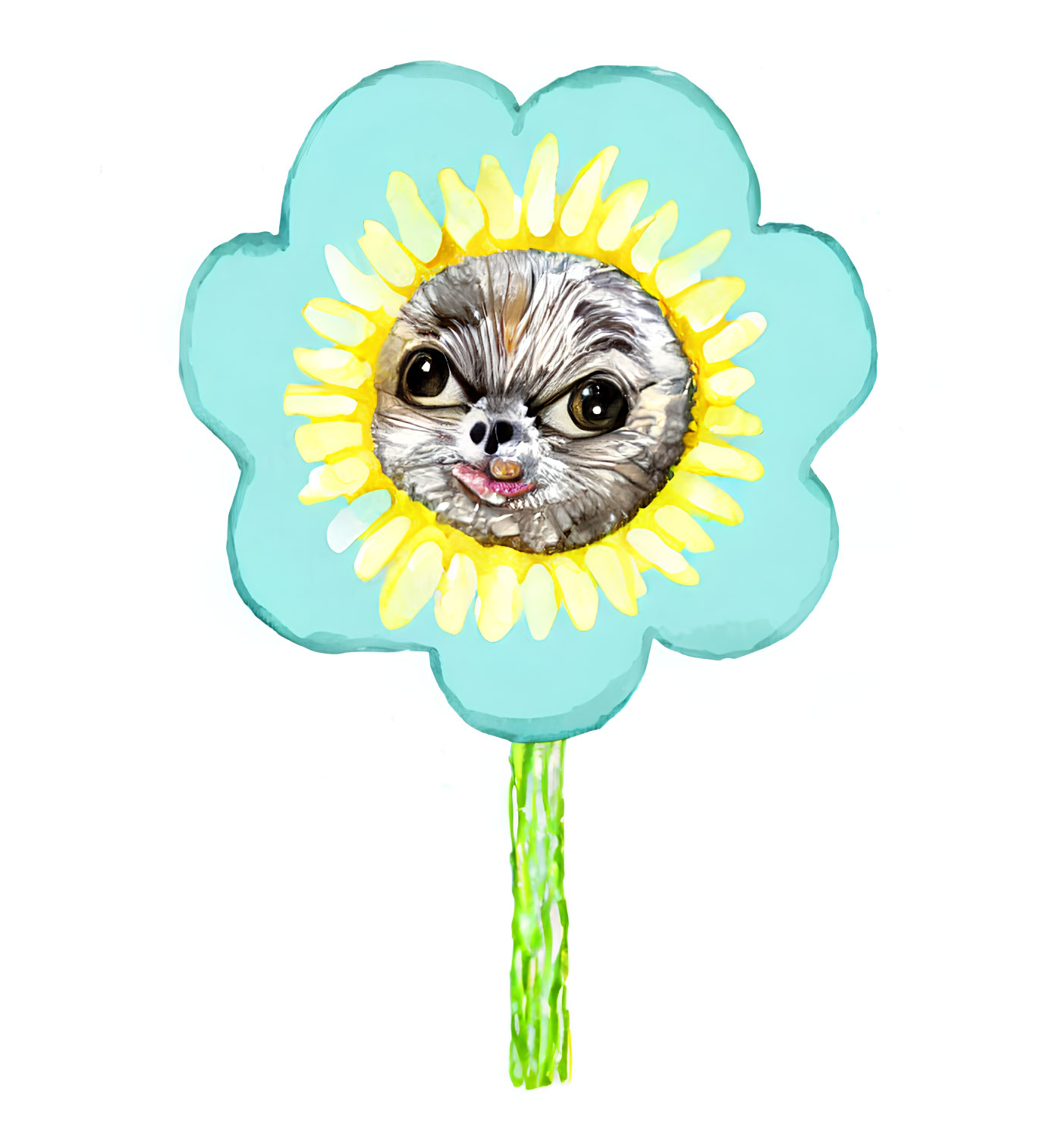 Illustration of sloth's face in blue flower with yellow center