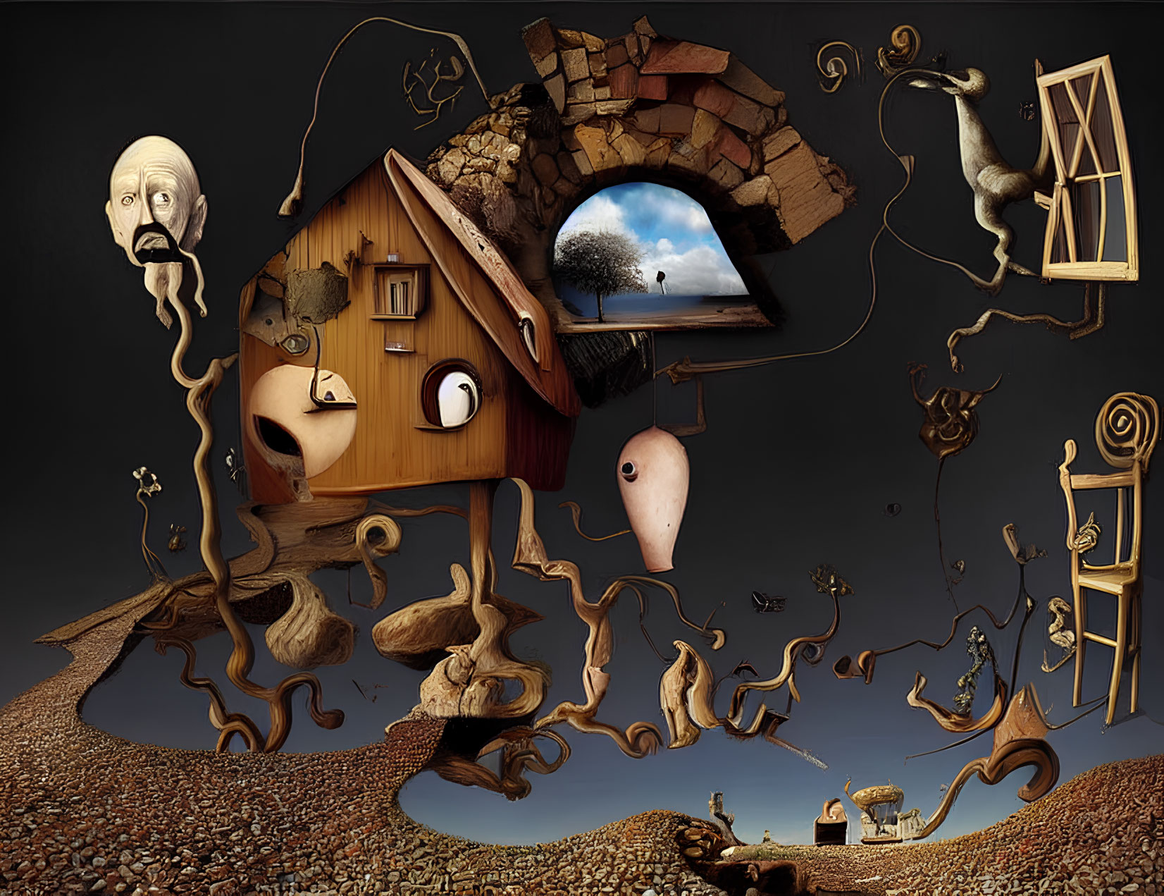 Whimsical surreal artwork: distorted faces, floating objects, dreamlike scene