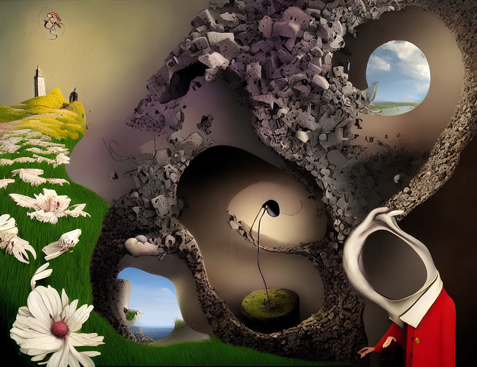 Surreal landscape featuring skull-shaped caves, city ruins, figure in red hood, daisies