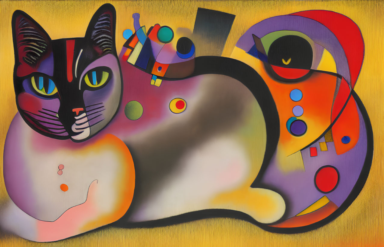 Colorful Abstract Painting with Stylized Cat and Geometric Shapes on Yellow Background