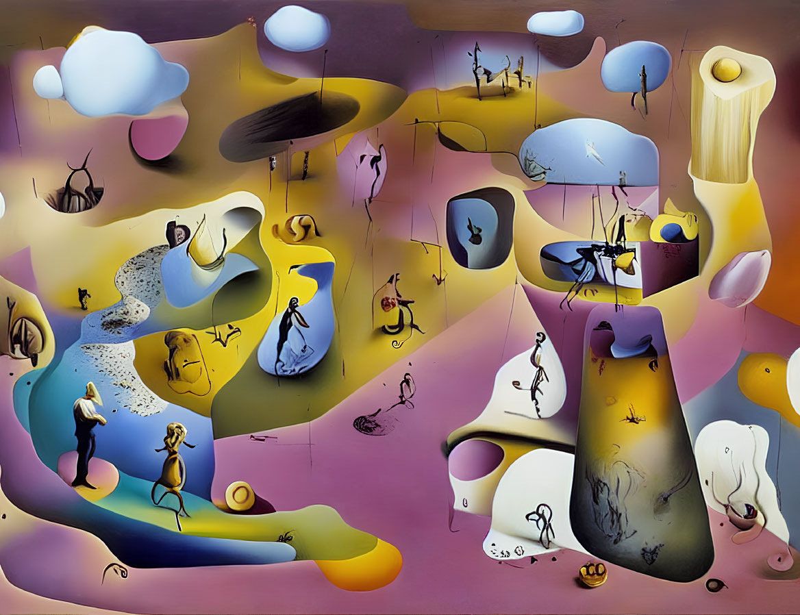 Colorful Surrealist Painting with Abstract Forms and Dream-like Landscapes