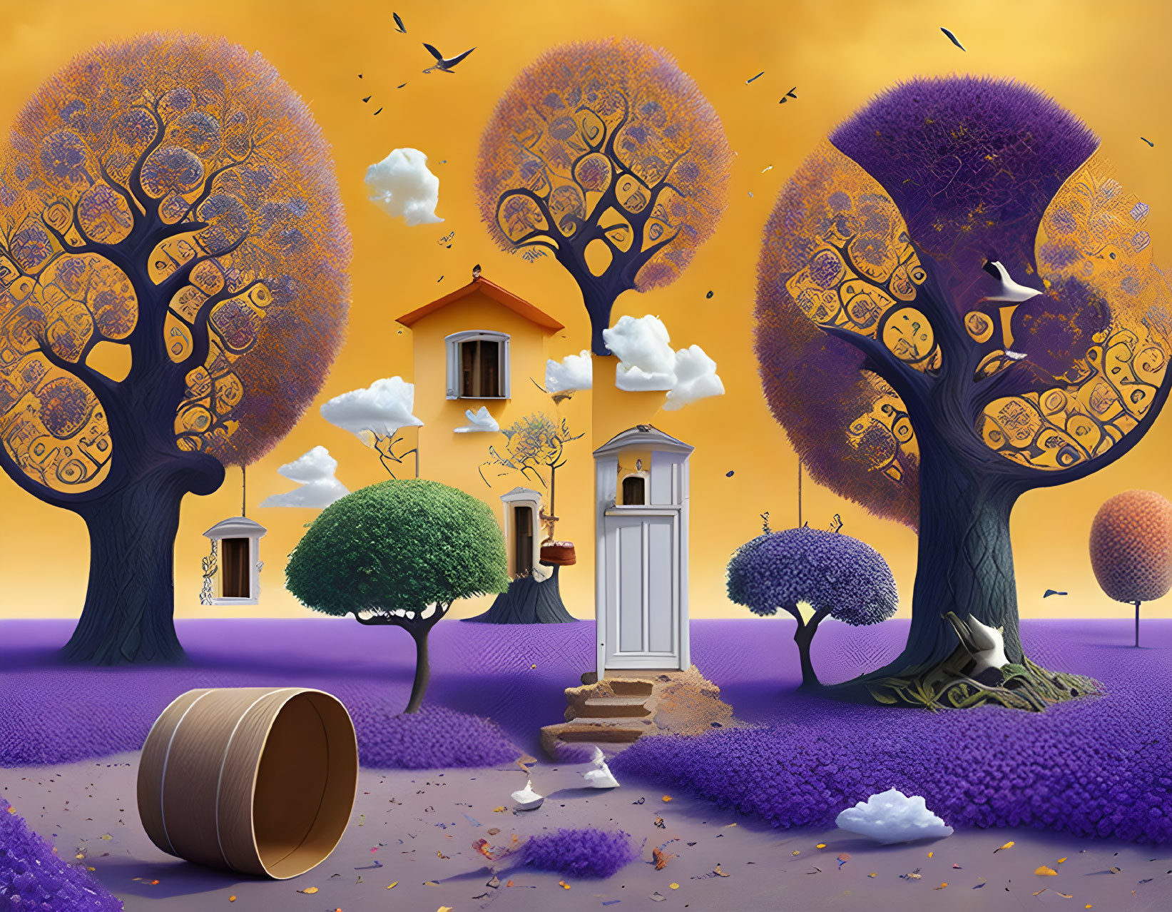 Purple Foliage and Whimsical Trees in Surreal Landscape