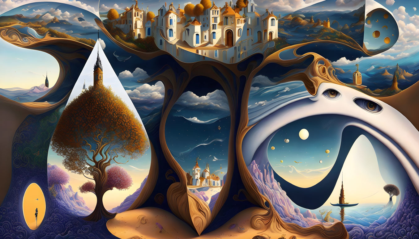 Whimsical day-night landscape with surreal castles and celestial elements