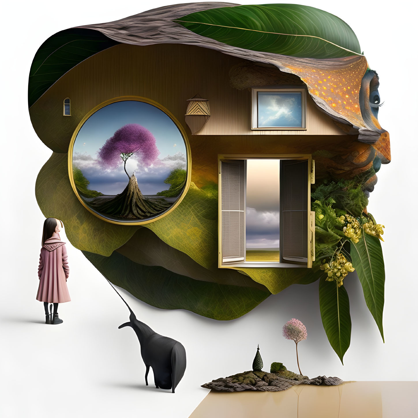 Surreal artwork: girl, dog, face-shaped house, nature elements, floating island
