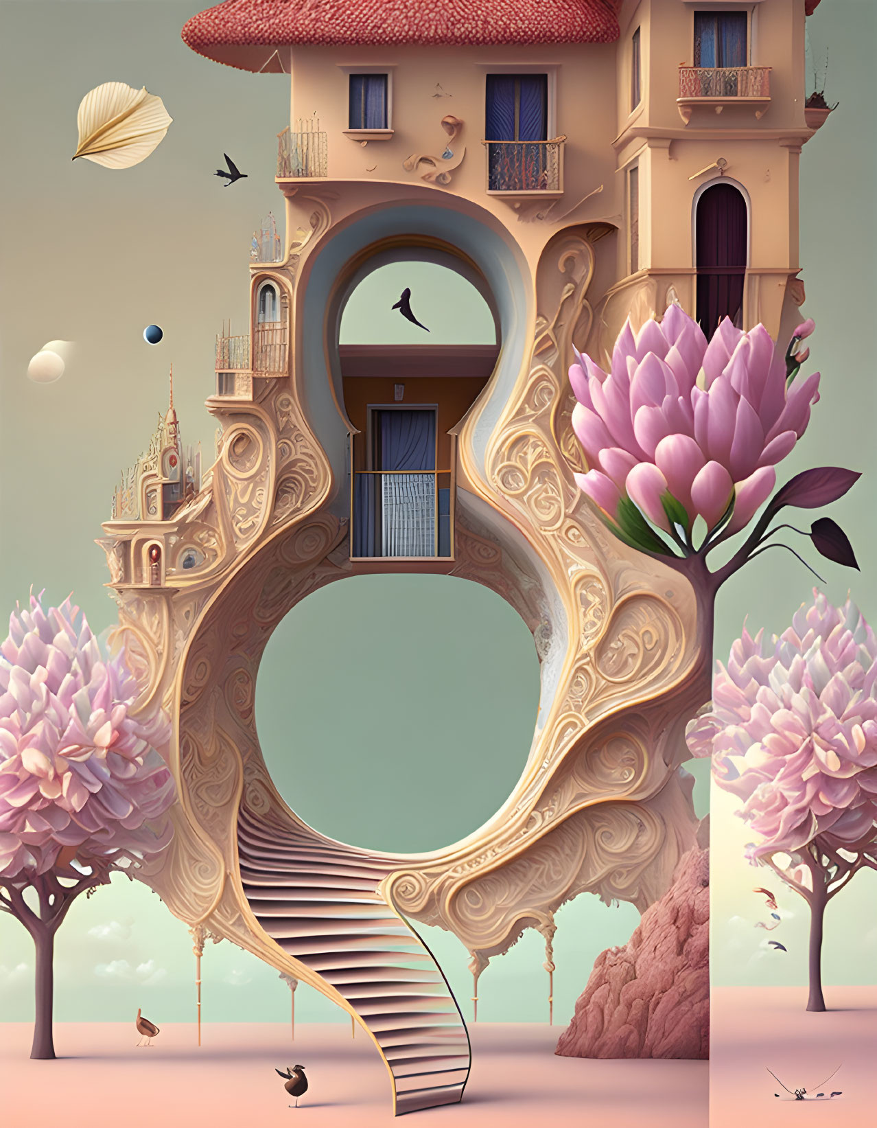 Illustration of ornate house surrounded by blooming trees and floating objects