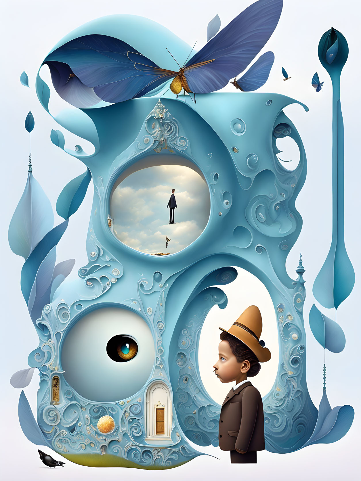 Surreal illustration featuring man in hat, whimsical swirls, butterfly, and circular frame.