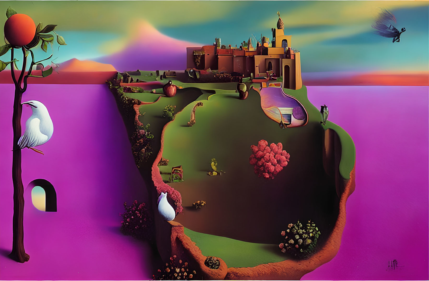 Vibrant surreal landscape: castle, oversized fruit, birds, flying fish, dreamy sky