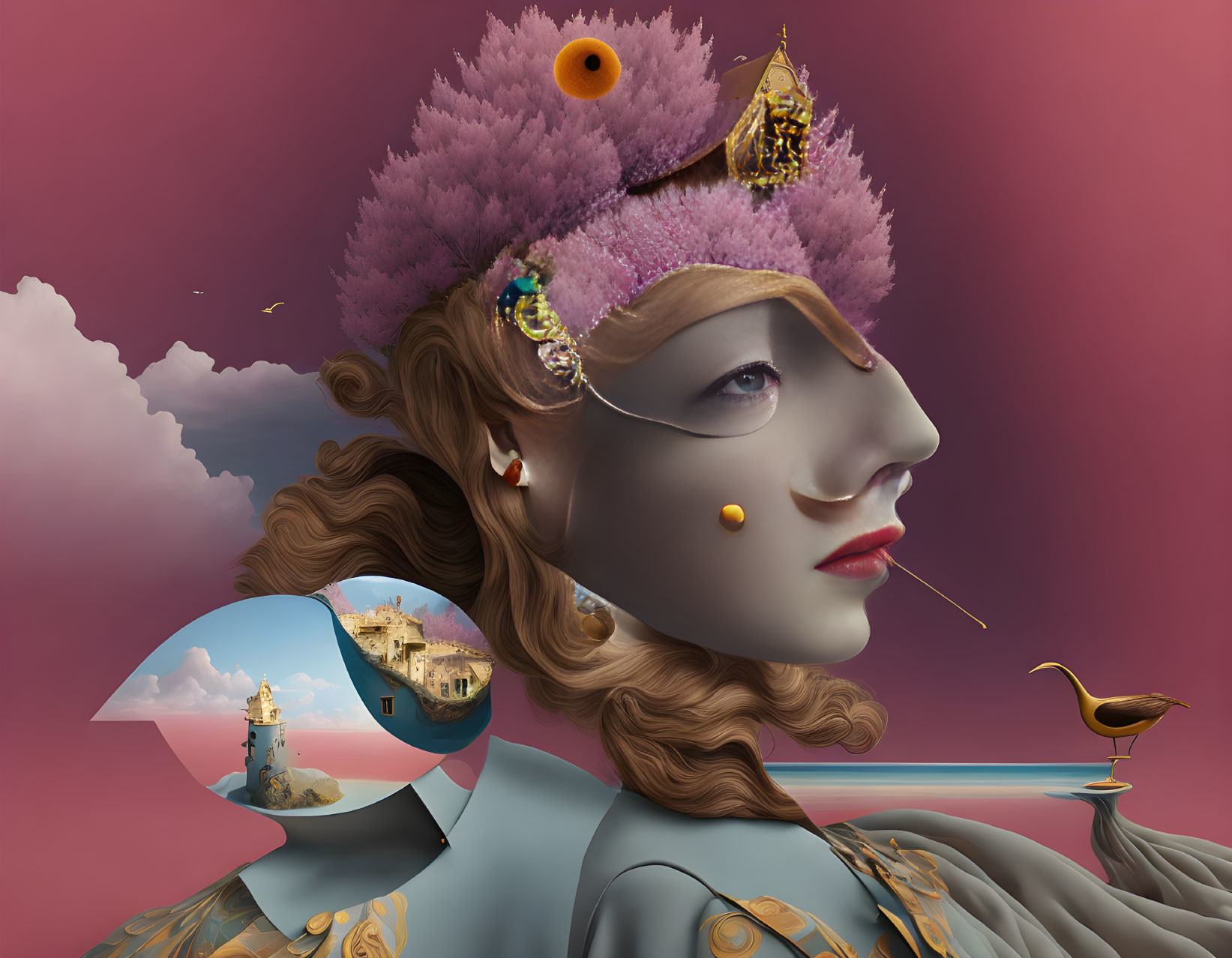 Surreal portrait of woman with coral headdress, coastal town, and bird under pink sky