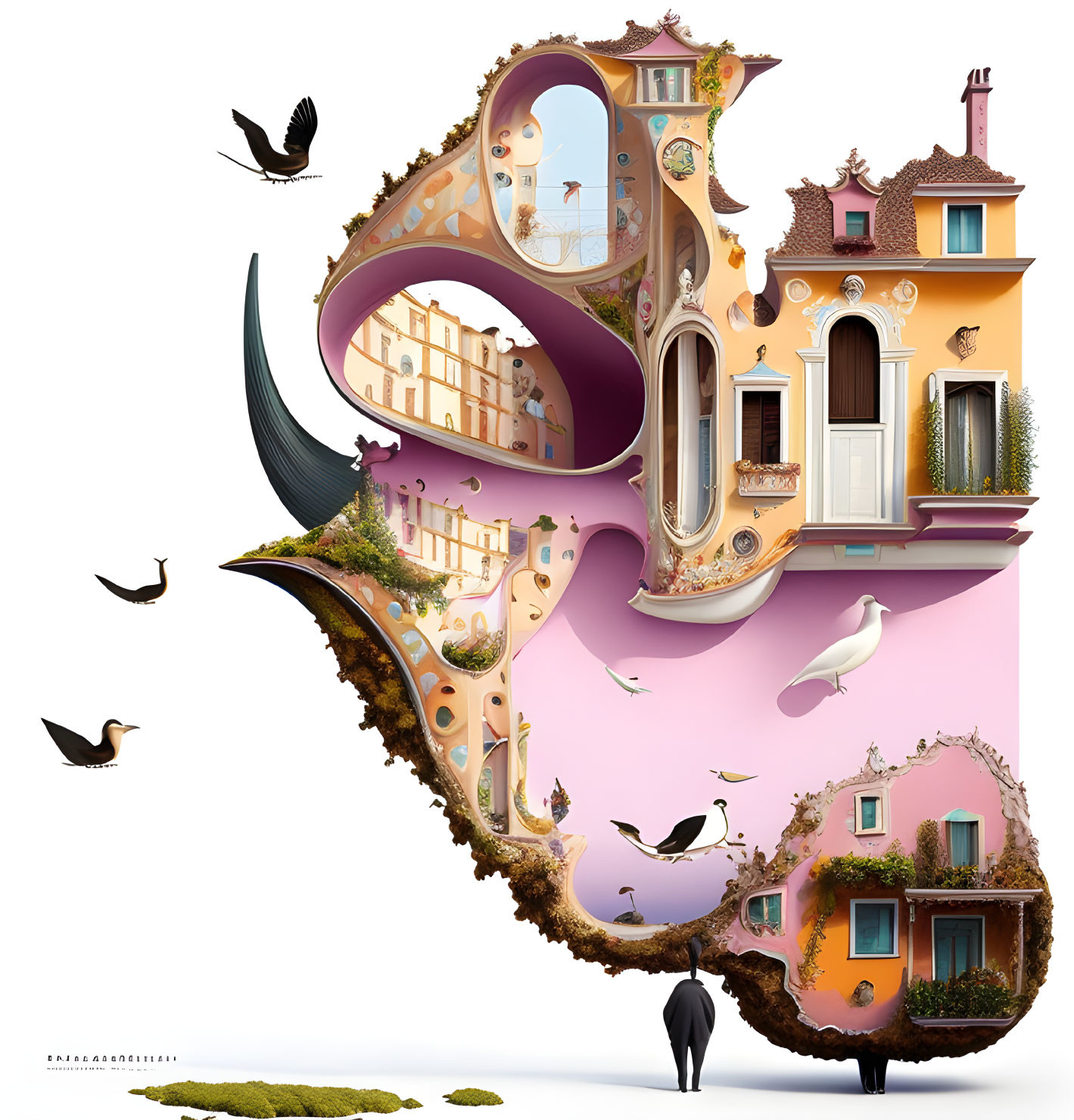Whimsical surreal artwork blending building and musical instrument with birds and figure