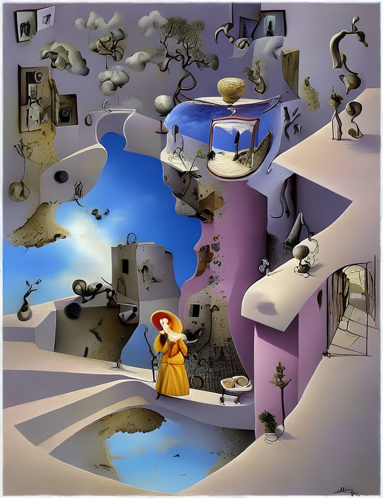 Surreal painting of woman in yellow dress with distorted town and floating elements