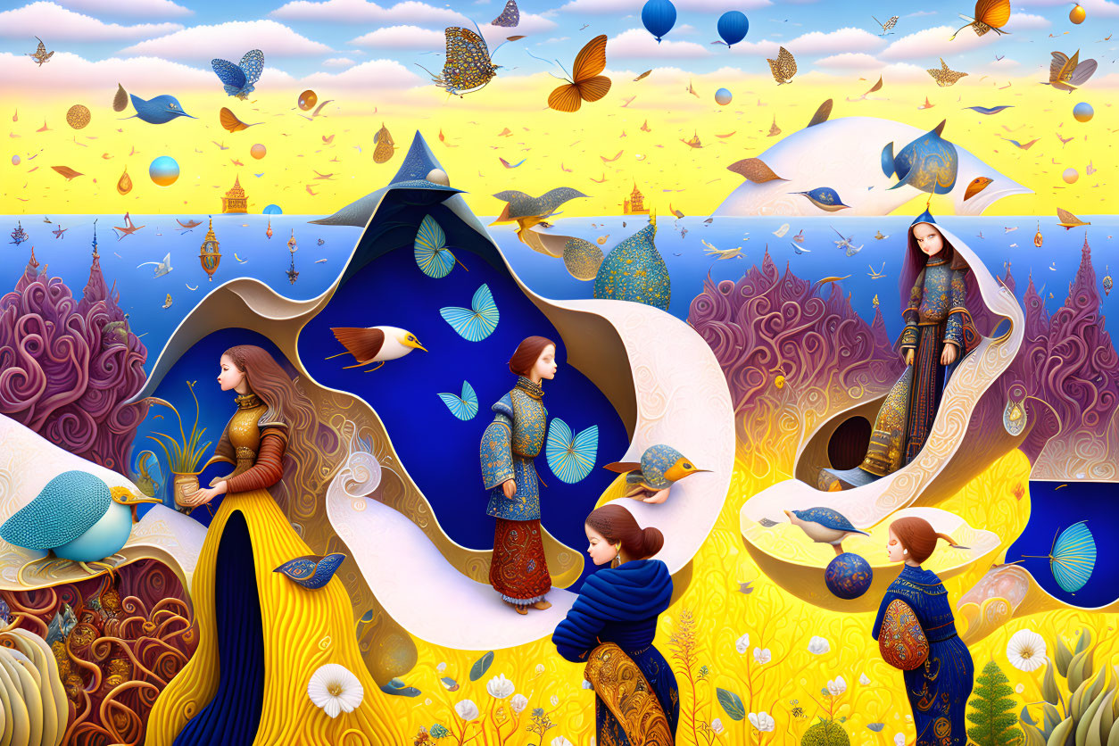 Colorful surreal illustration with figures, butterflies, and fantastical landscape in blue and yellow.