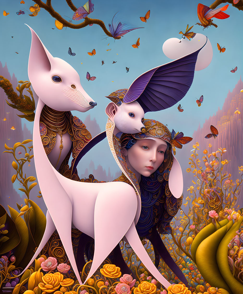 Surreal artwork: Woman's face with fox-like creature, intricate patterns, butterflies