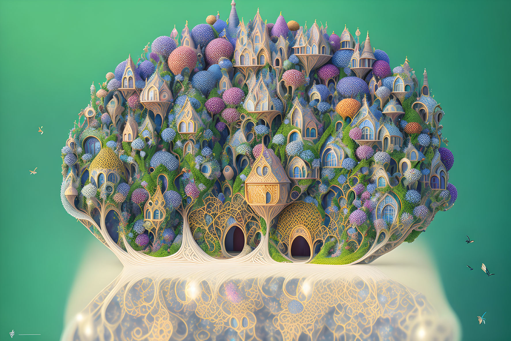 Colorful ornate buildings on floating island with tree-root-like structures