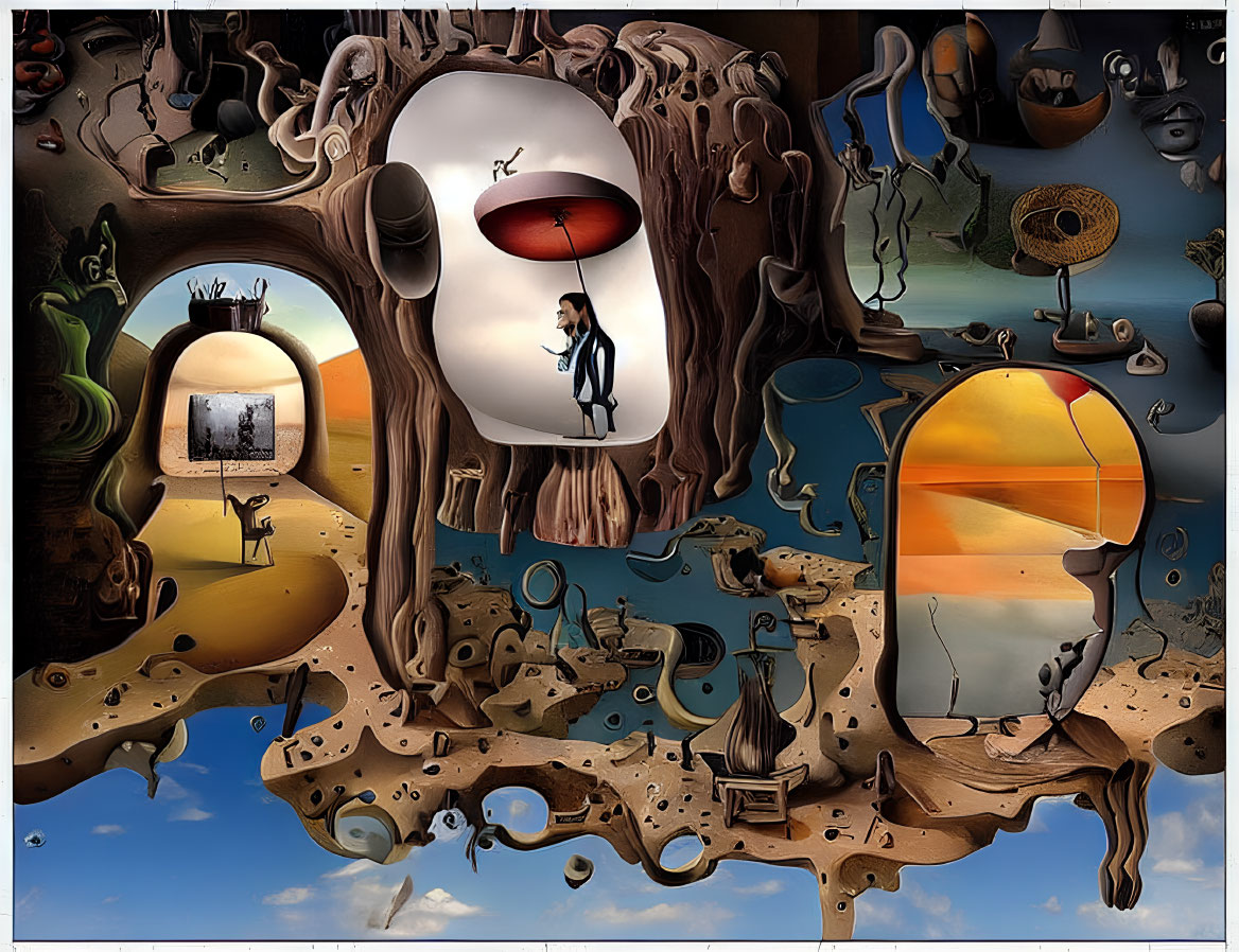 Surreal Artwork: Distorted Landscapes, Central Figure with Umbrella, Floating Eye