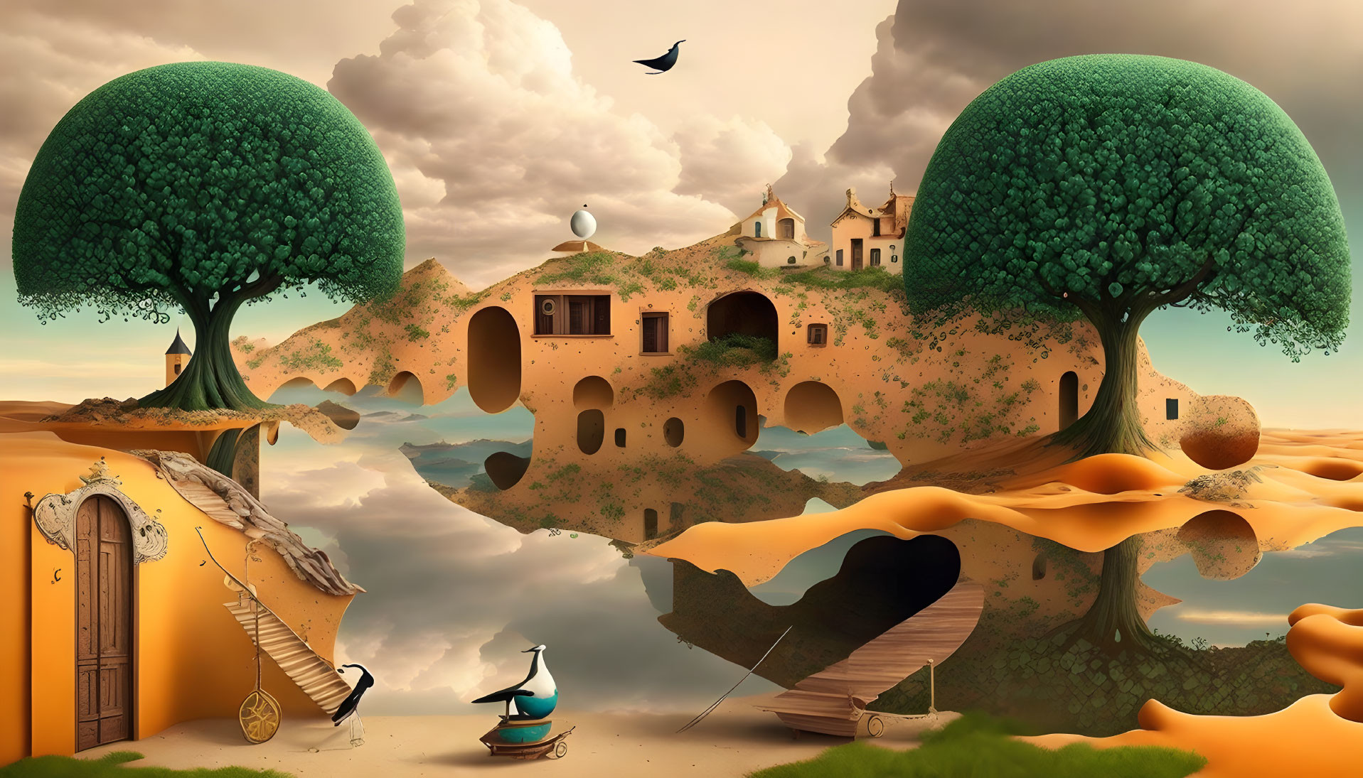 Surreal landscape with oversized trees, floating islands, boat, whimsical architecture, and flying bird