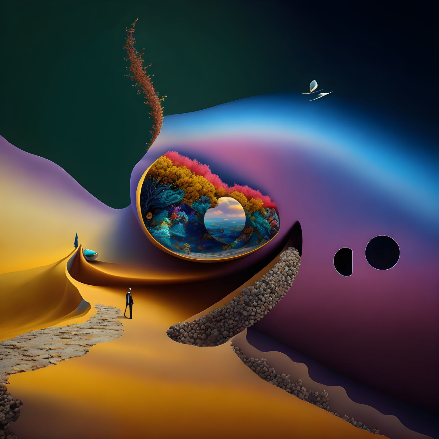 Vibrant surreal landscape with person, pathway, colorful sphere, ecosystem, boat, and bird.
