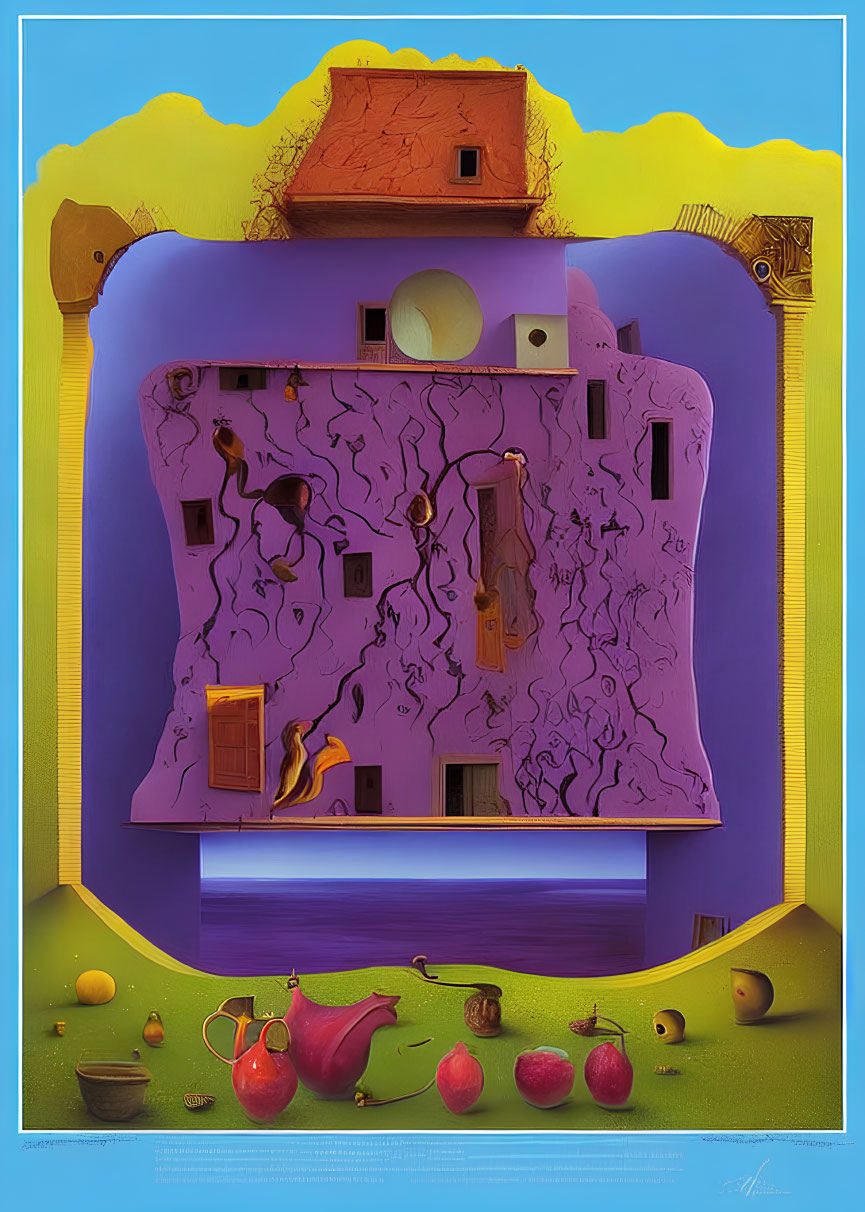 Purple Maze-Like Structure with Anthropomorphic Elements and Fruit on Yellow and Blue Background