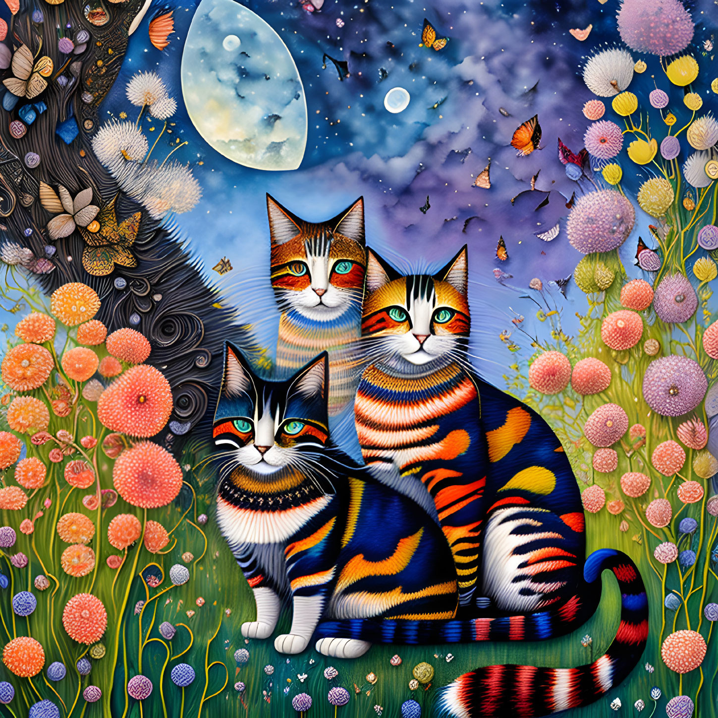 Colorful Whimsical Cats in Vibrant Garden with Full Moon