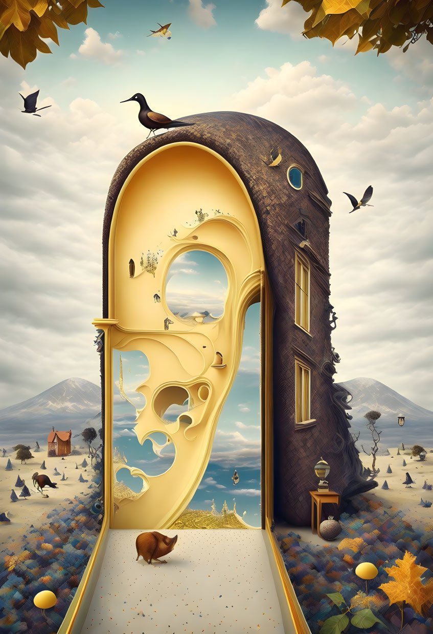 Surreal upright melty door in whimsical landscape with animals