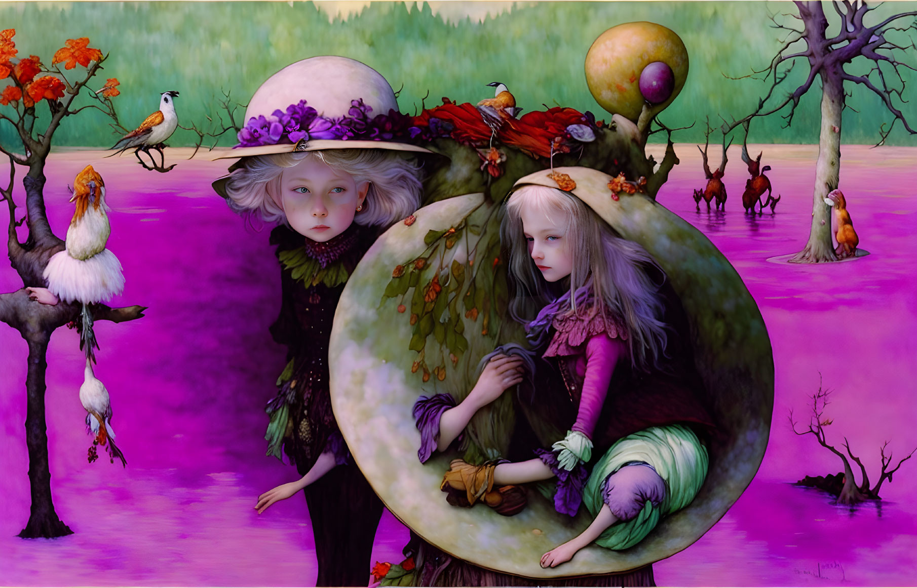 Whimsical girls in surreal, vibrant landscape with birds and apple-headed figures