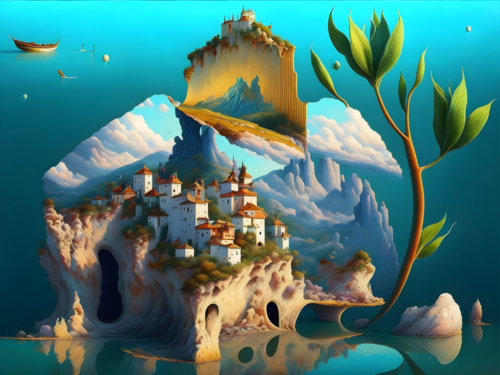 Fantastical seascape with cliff-top castle, floating islands, cavern houses, lush foliage, serene