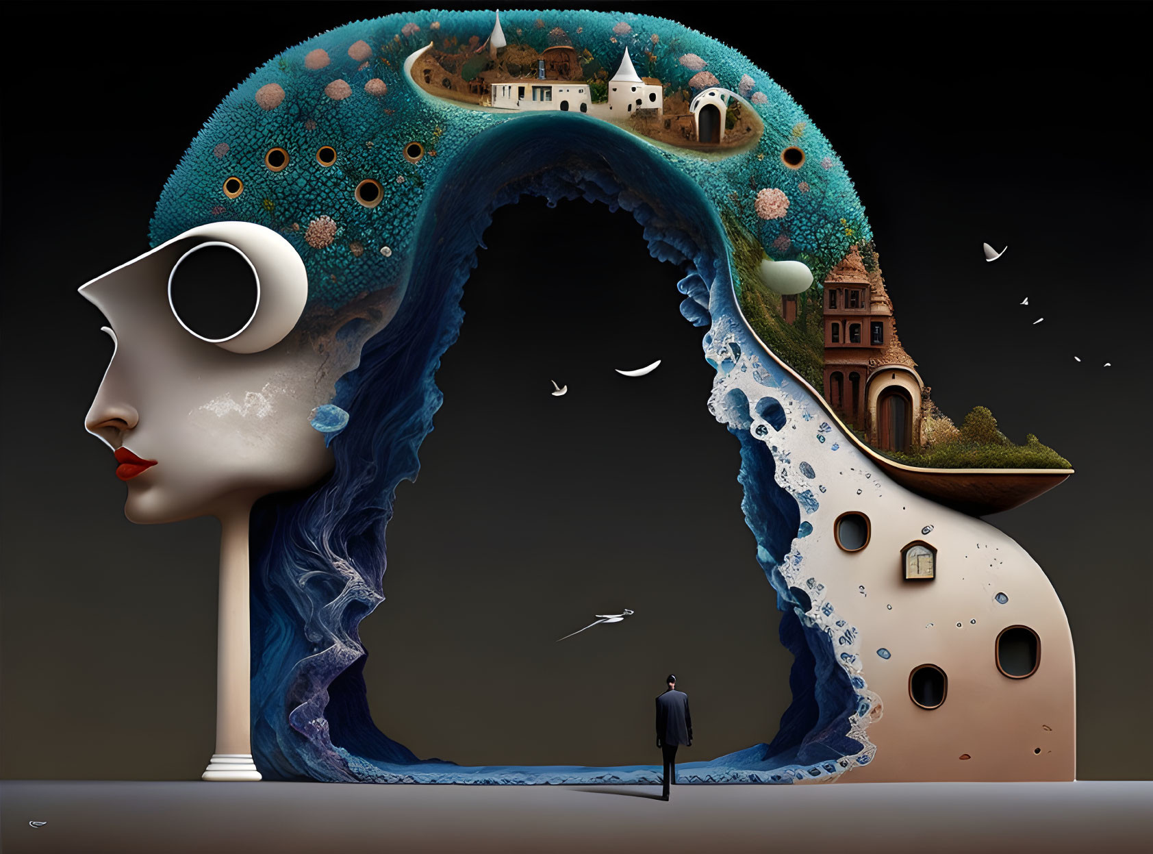 Surreal artwork: Woman's profile with ecosystem and architecture, nature blending with human form