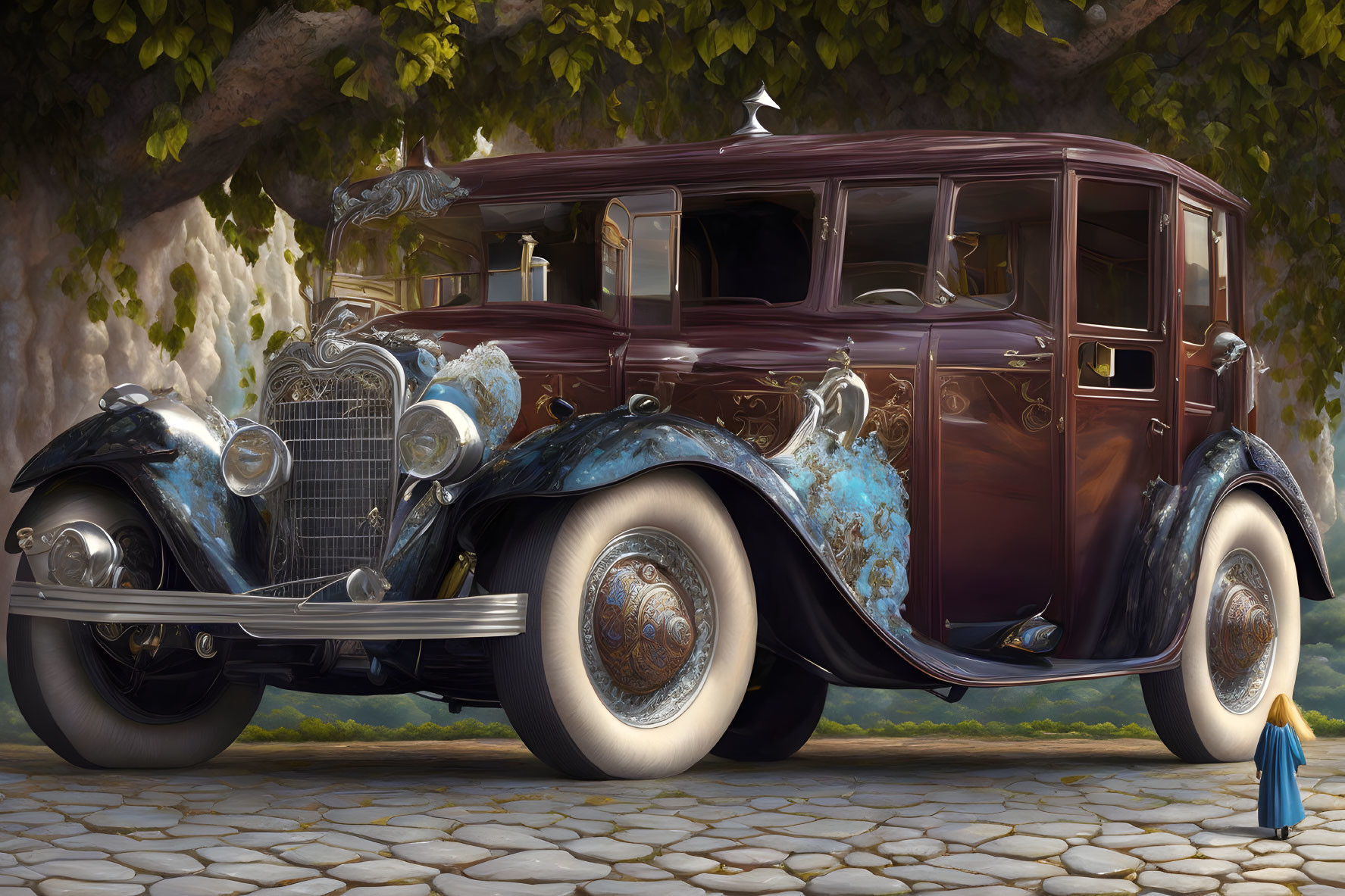 Vintage Maroon Car with Silver Detailing and White-Walled Tires on Cobblestone Path