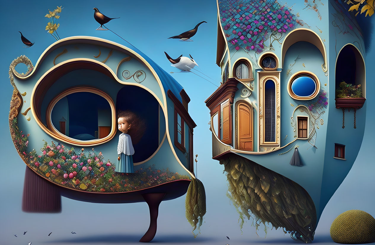 Surreal Child in Eye-Shaped House with Birds and Whimsical Building