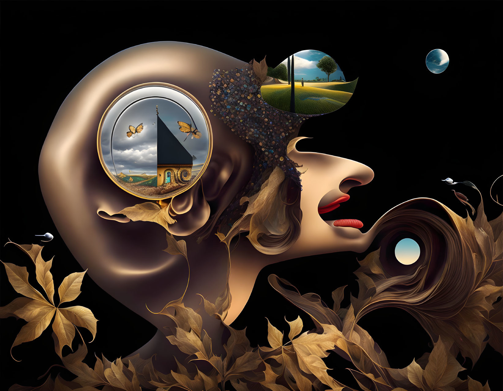 Surreal woman profile with nature scenes and butterflies on dark background