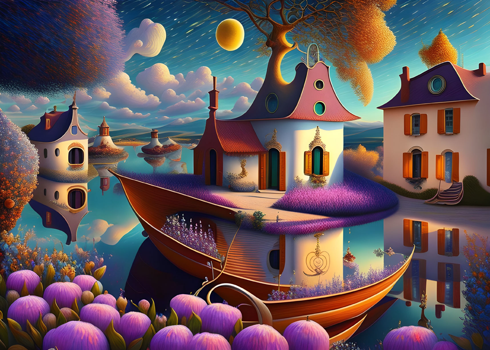 Colorful houses, boat on lake, surreal sky with moons - Whimsical landscape scene