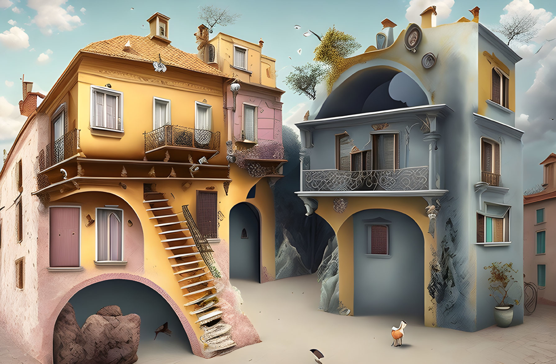 Colorful surreal houses with floating stairs in dreamlike townscape