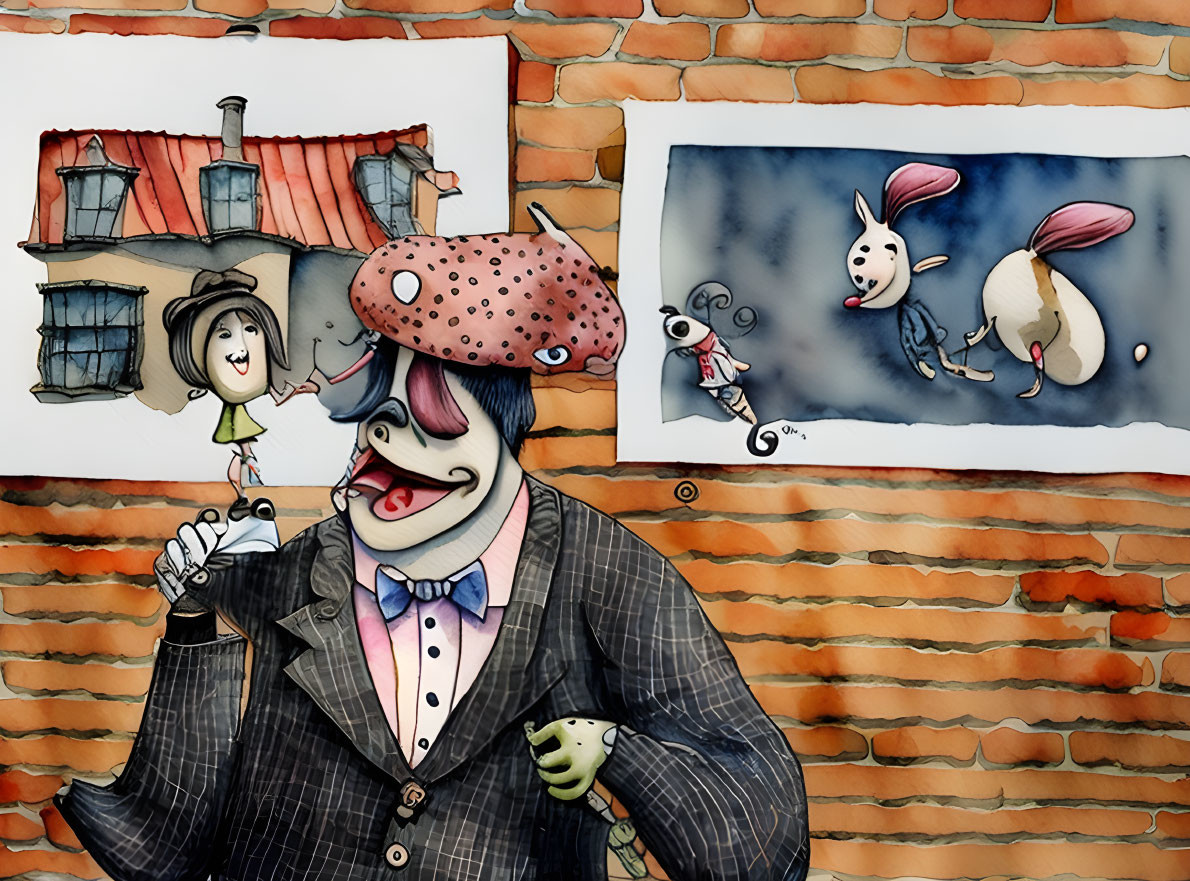 Whimsical illustration of dapper gentleman, lady, and rabbits painting