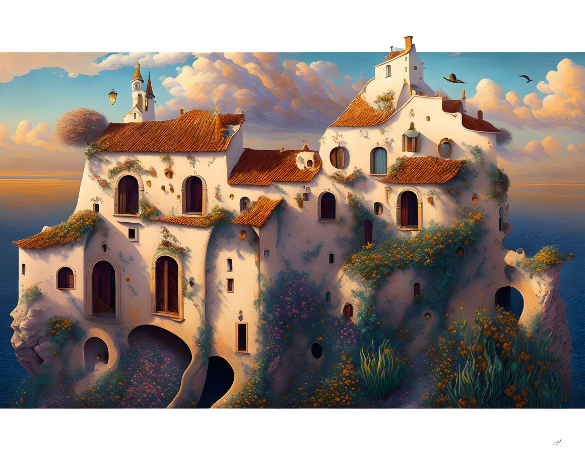 Illustration of Mediterranean seaside village at sunset