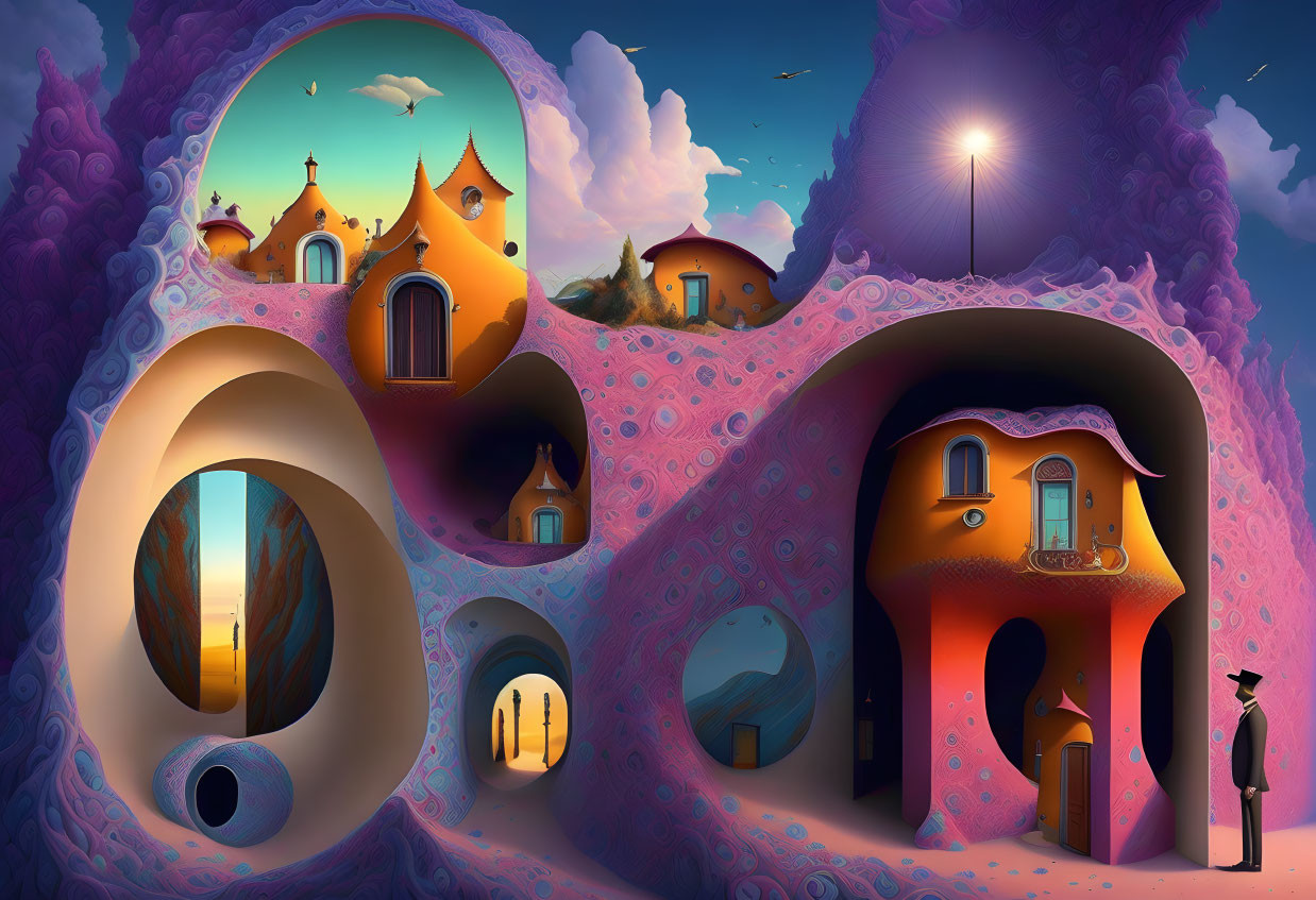Colorful Surreal Landscape with Whimsical Houses in Pink Terrain