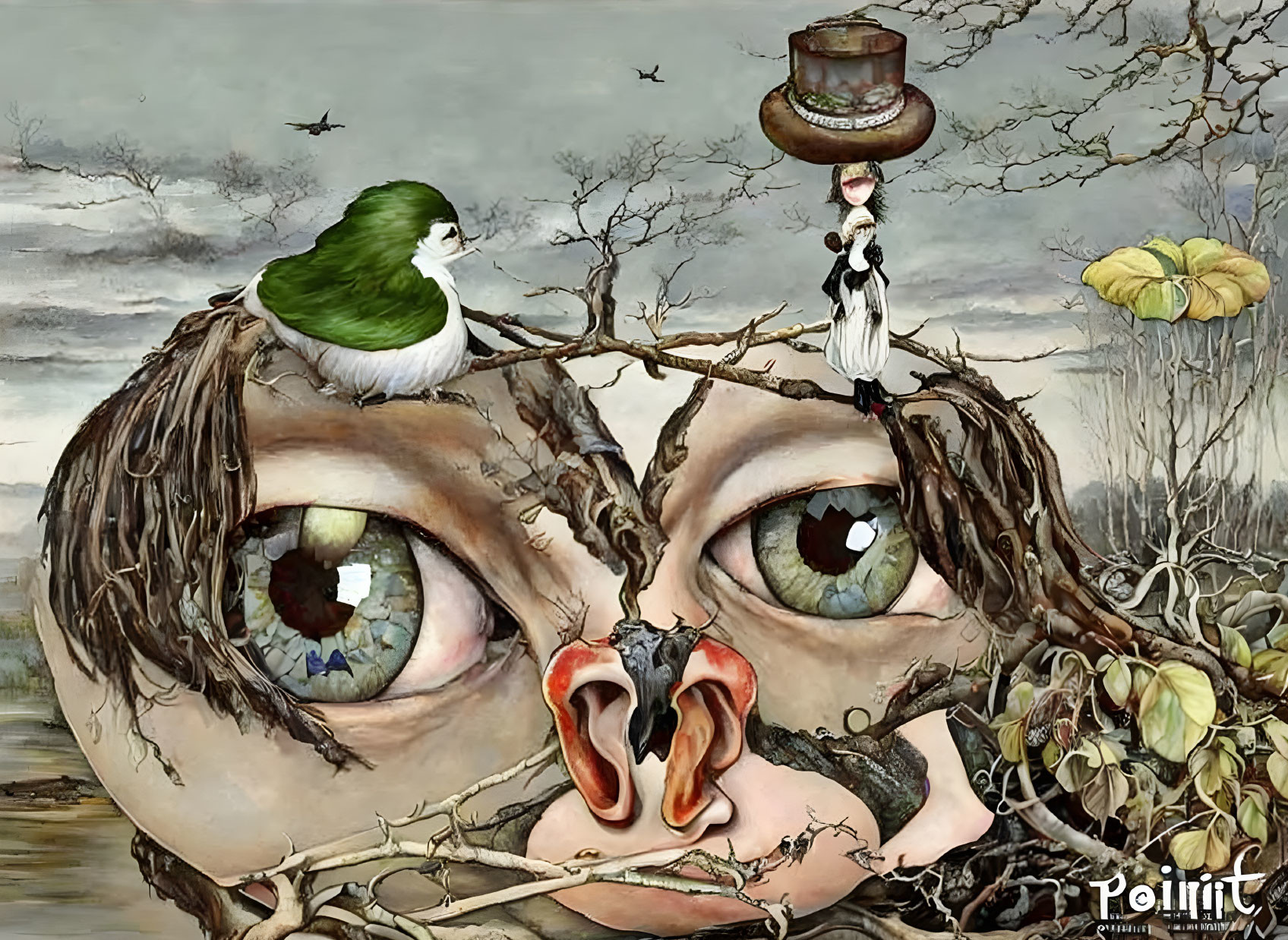 Surreal Artwork: Giant Eyes, Woman on Top Hat, Birds, Frog