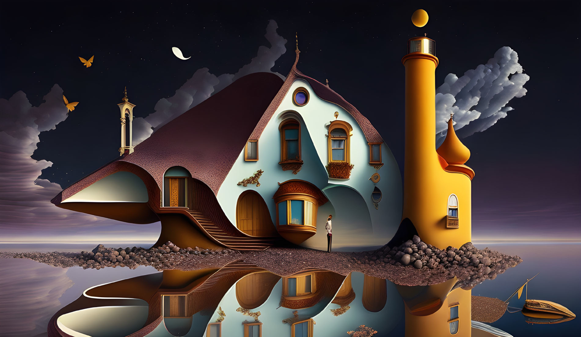 Surreal fantasy landscape with elongated house, yellow chimney, and twilight reflection.