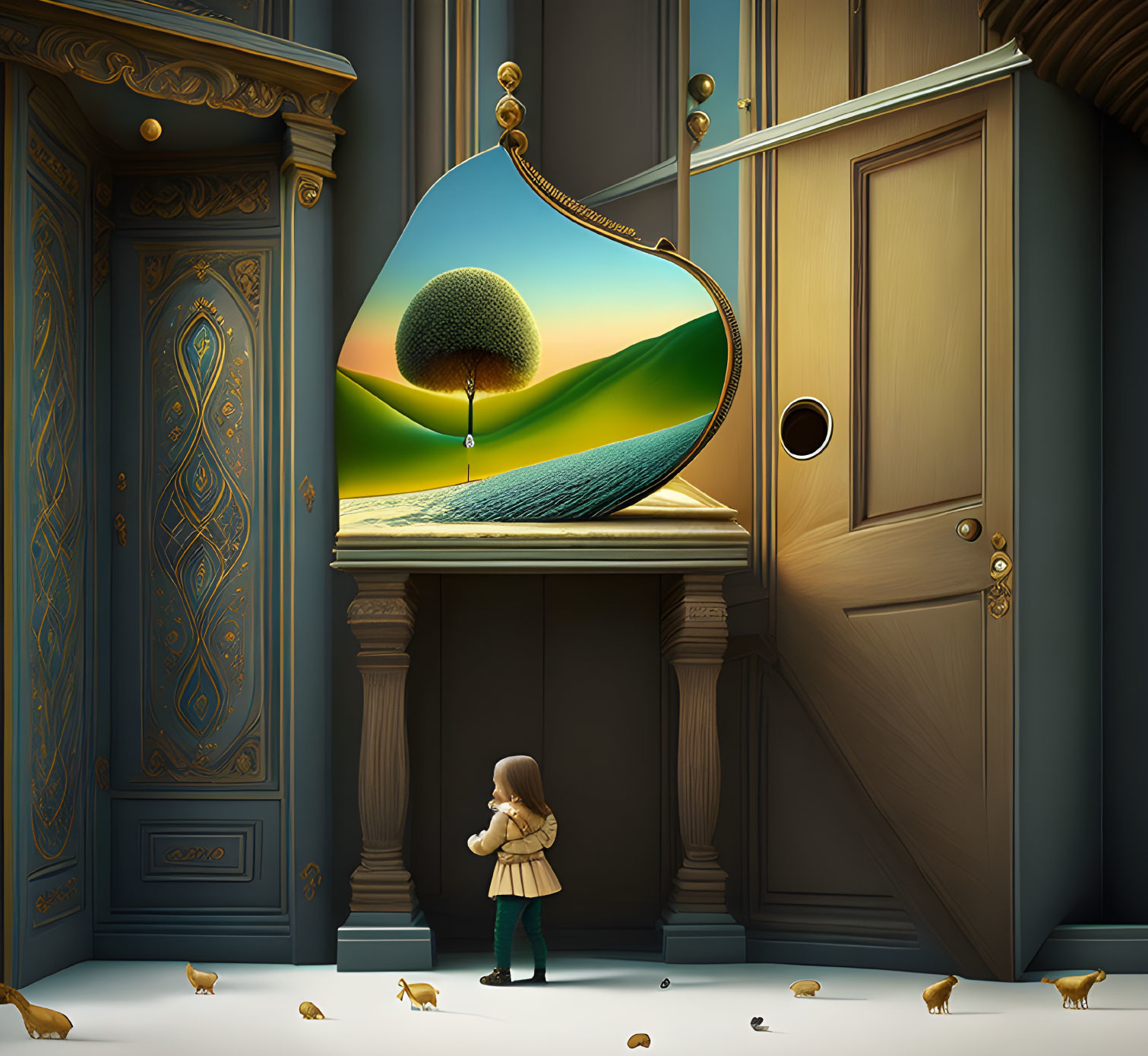 Surreal room with classical decor and teardrop-shaped portal, girl observes vibrant landscape with tree