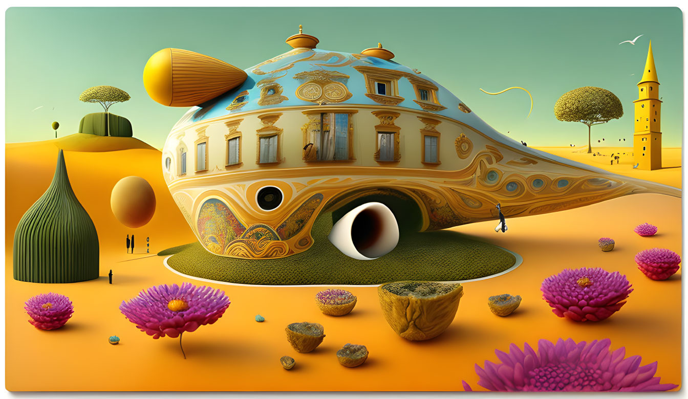 Colorful Teapot-Shaped Building in Whimsical Landscape